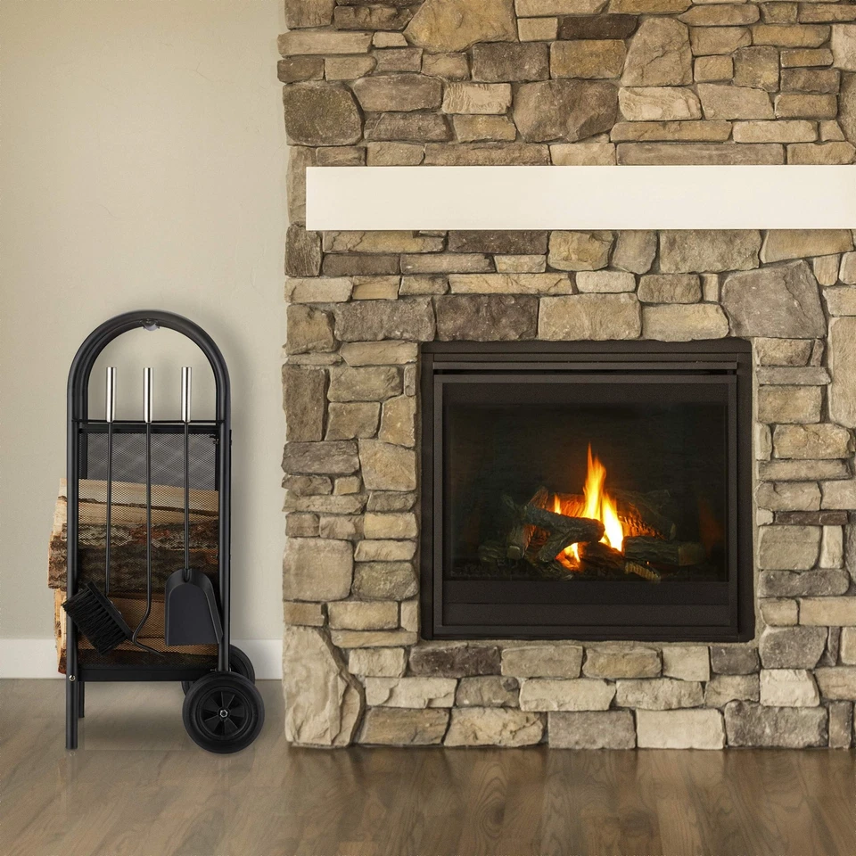 Relaxdays Carrello Portalegna con 3 Accessori Mobiletto in Acciaio da Camino - Immagine 2 di 4