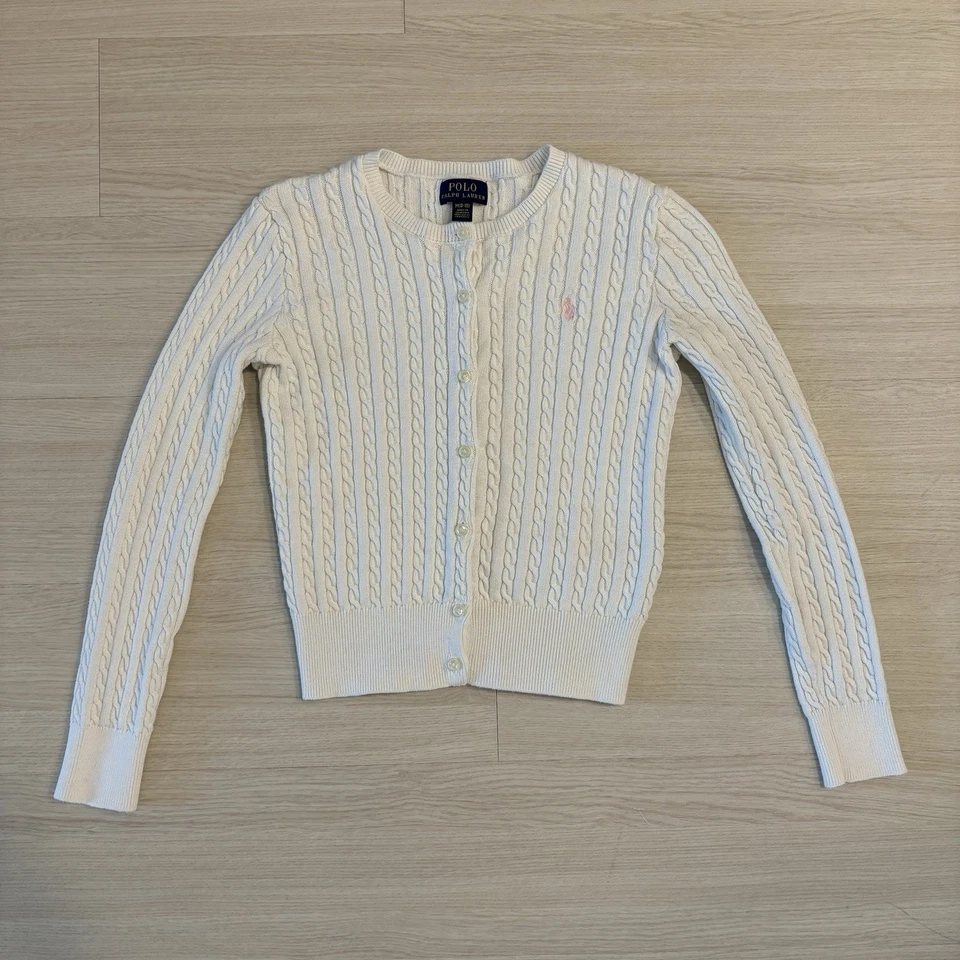 POLO RALPH LAUREN Little Girl's Mini-Cable Cotton Cardigan White Size M 8-10 - Image 3 of 4