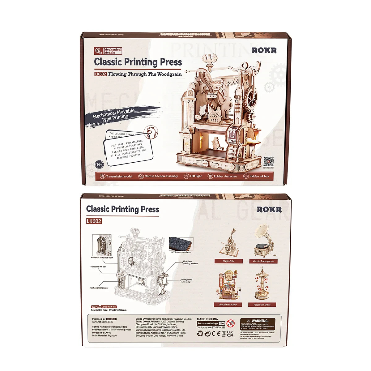 ROKR 3D DIY Wooden Puzzle Printing Press Mechanical Model Kit, LK602
