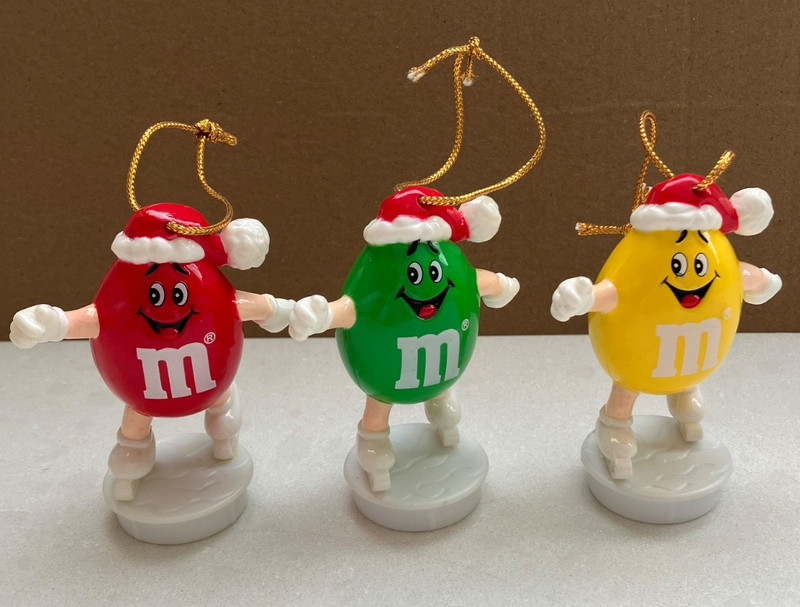 M & M Christmas Candy Topper Ornaments Lot Of 3 Red Green Yellow 1989