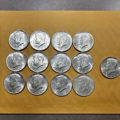 1964 Kennedy Silver Half Dollar 90% Silver Coins.  13 Coins, Very Good Condition