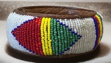 Vintage Authentic Leather Hand Beaded Wide African Bangle Bracelet