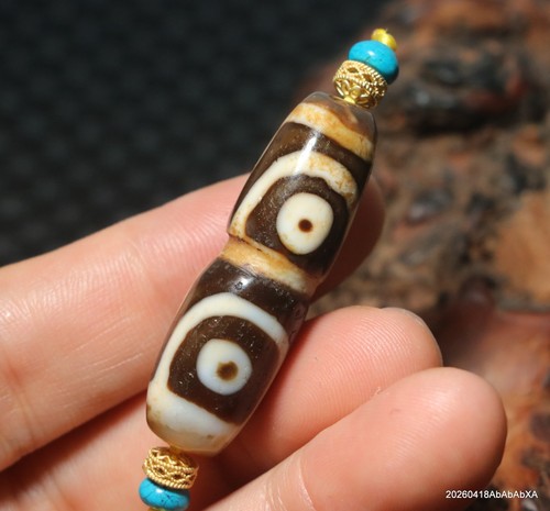 Unique Energy Tibetan Old Agate Fold Line 4 Eyed Lotus Root SH DZi Bead 博古天珠 AJK - Picture 1 of 10