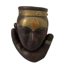 Ceramic Mid Century Head In Hand 2 Piece Figural Vase Urn Holder Metal Accents