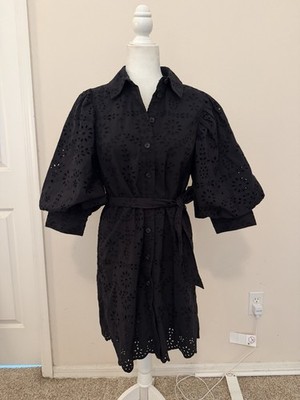 Scotch & Side Black Eyelet Lace Mini Shirt Dress Sz 6 Puff Sleeves Quiet Luxury