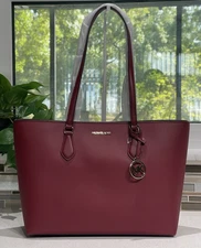 MICHAEL KORS SHEILA LARGE LAPTOP TOTE SHOULDER BAG MK CHERRY RED LEATHER GOLD