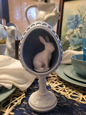 Ornate Blue Easter Egg On White Pedestal With White Bunny Inside 