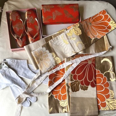 Vintage Japanese Kimono Accessory Set Obi Zori Sandals Tabi Socks Handbag 5 Pc