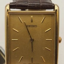Seiko SJB056 Quartz Gold Tone Rectangular Dress Watch Brown Leather