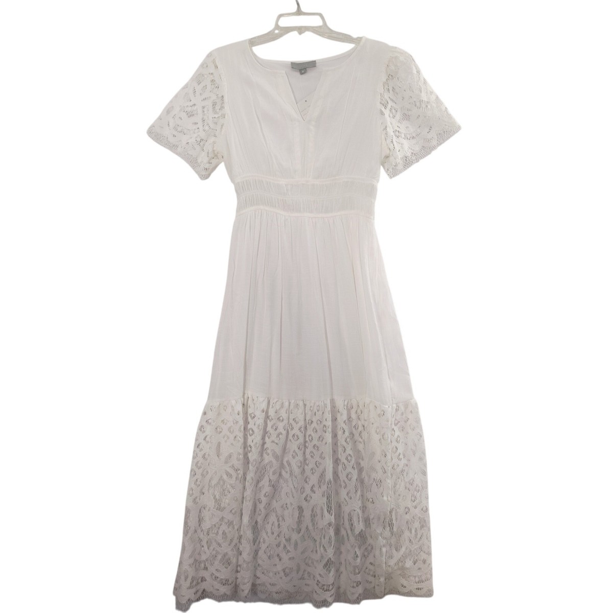 J. Gee Lace Maxi Dress W0men's Sz M White Short Sleeve Smocked Waist  Cottagecore