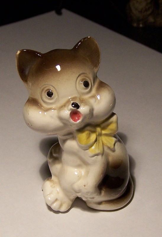 Vintage Japanese Hollow 3" Ceramic Cat with Yellow Bow