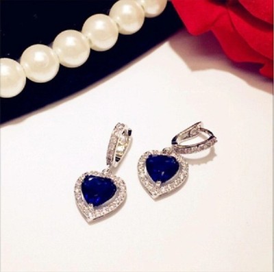 2Ct Heart Cut Simulated Sapphire Halo Drop/Dangle Earrings 14K White Gold Plated