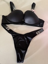 Victoria s Secret VS Ombr Bling Bra Panty Set Black Satin 36B/Medium NWT