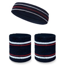 Premium Tennis Style Standard Size Sweatband Headband Wristbands Set - Navy/W...