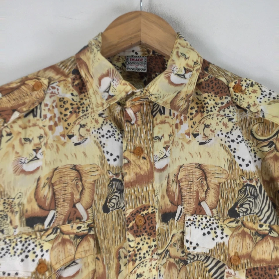 VINTAGE Image mens shirt size M safari animals beige button up short sleev102249 - Image 2 of 4