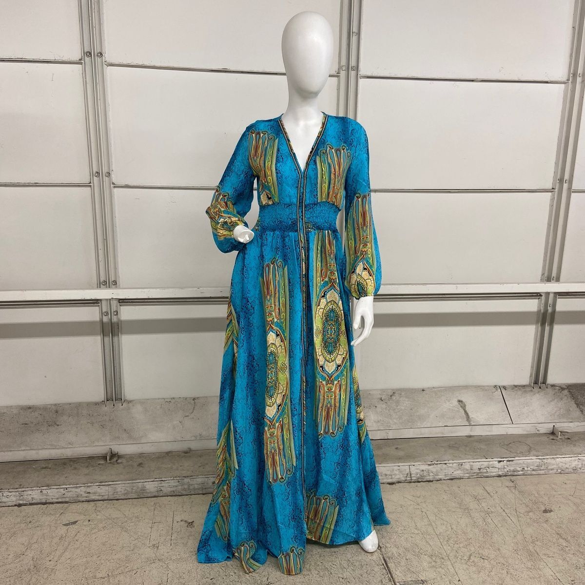 GRACIA Long Sleeve Semi Sheer Maxi Dress Women's Size S Blue Print