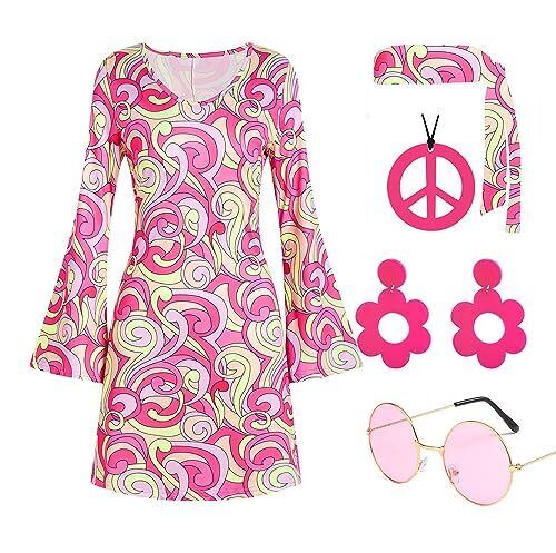 60s 70s Disco Outfit Hippie Costume Women, 1970 Style Clothes X-Large Pink - Picture 2 of 7
