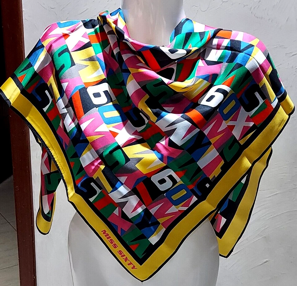 Bufanda Vintage Miss Sixty Amarillo Negro M. Color Poli Seda 34" Foto 2 de 4