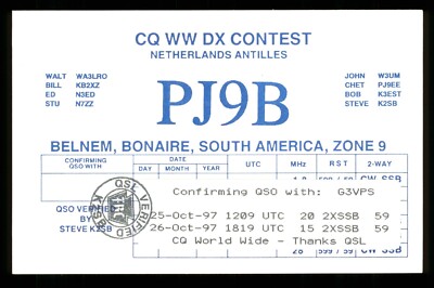 QSL Karte Radio Niederländische Antillen PJ9B 1997 CQ WW DX Contest Bonaire   B1035