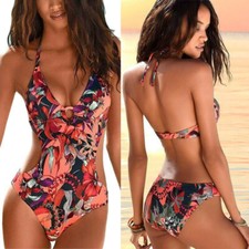 Women Backless Halter Swimsuit Bikini One Piece Floral Print Beachwear Swimwear