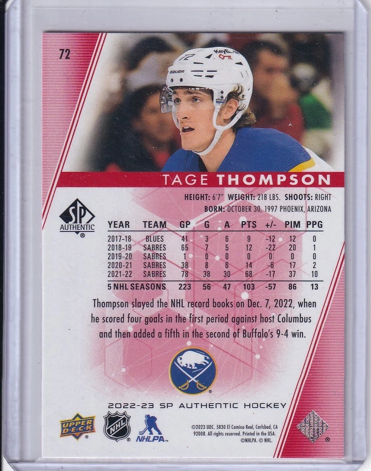 Tage Thompson, Buffalo Sabres 2022-23 SP Authentic Red Limited #72 - Image 2 of 2