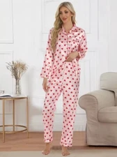 Heart Print Satin Pajama Set, Women's Long Sleeve Button Up Lapel Collar Top