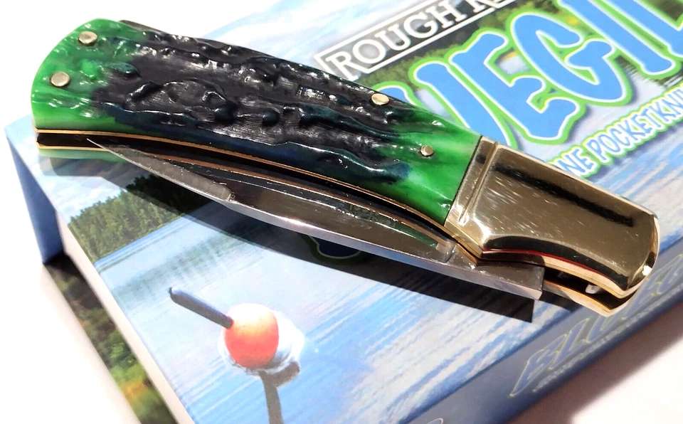Faca de bolso dobrável Rough Rider Bluegill preta azul verde osso irregular bloqueio - Imagem 4 de 4