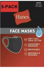 5 Pack Hanes Face Masks - Black Cotton Reusable Cover Face mask Cloth Facemask