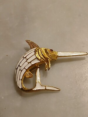 Swordfish Brooch/Pin Goldtone White Enamel Red Eye