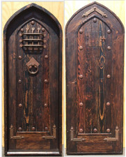 Rustic reclaimed lumber arched top door solid wood TUDOR wine cellar castle iron