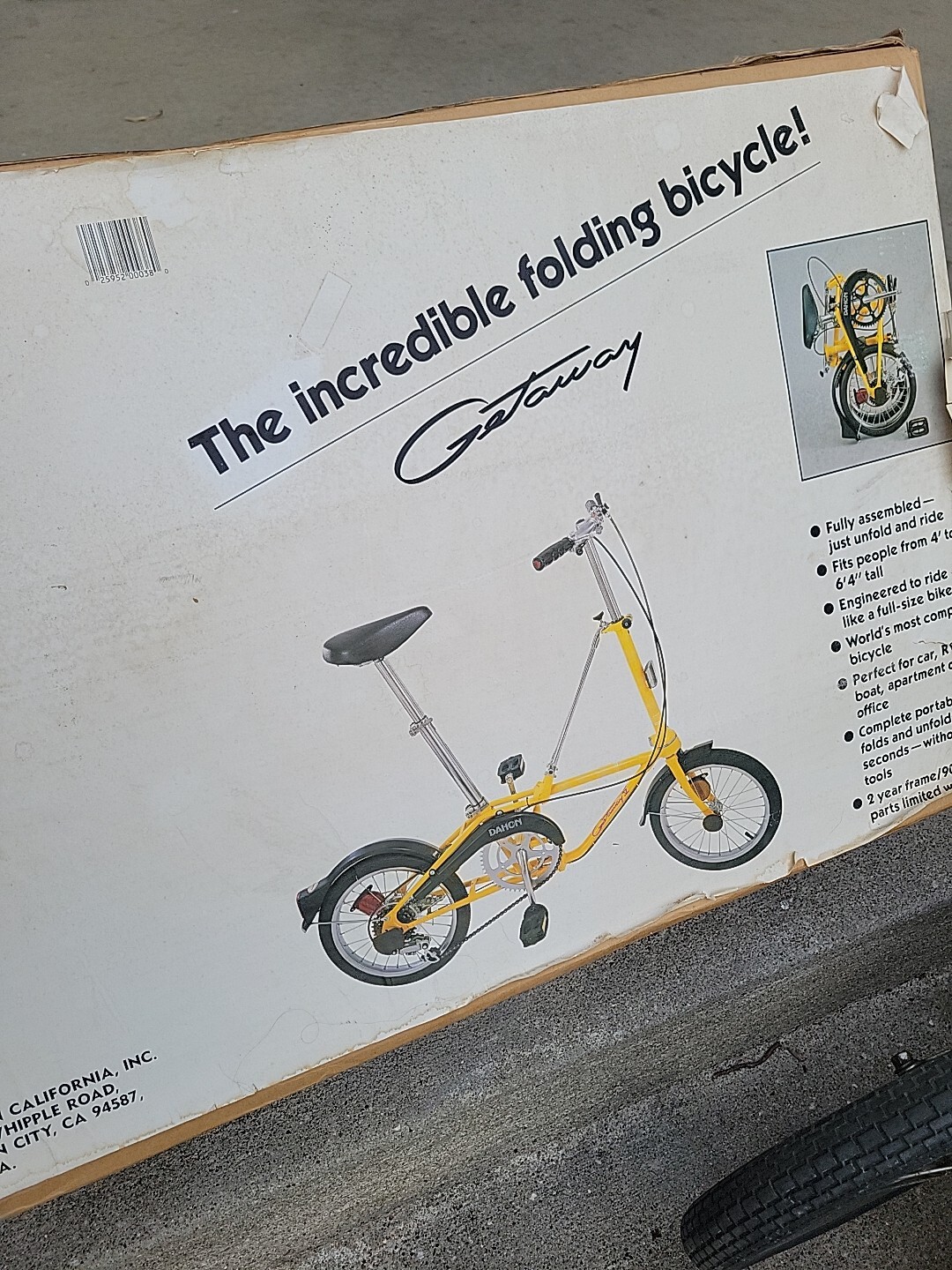 Vintage 80's Dahon Getaway Folding Bike Bicycle Bright Yellow With Box
