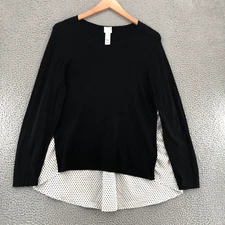 Chicos Top Womens 3 US Extra Large Black Polka Dot High Low Mixed Media V Neck*