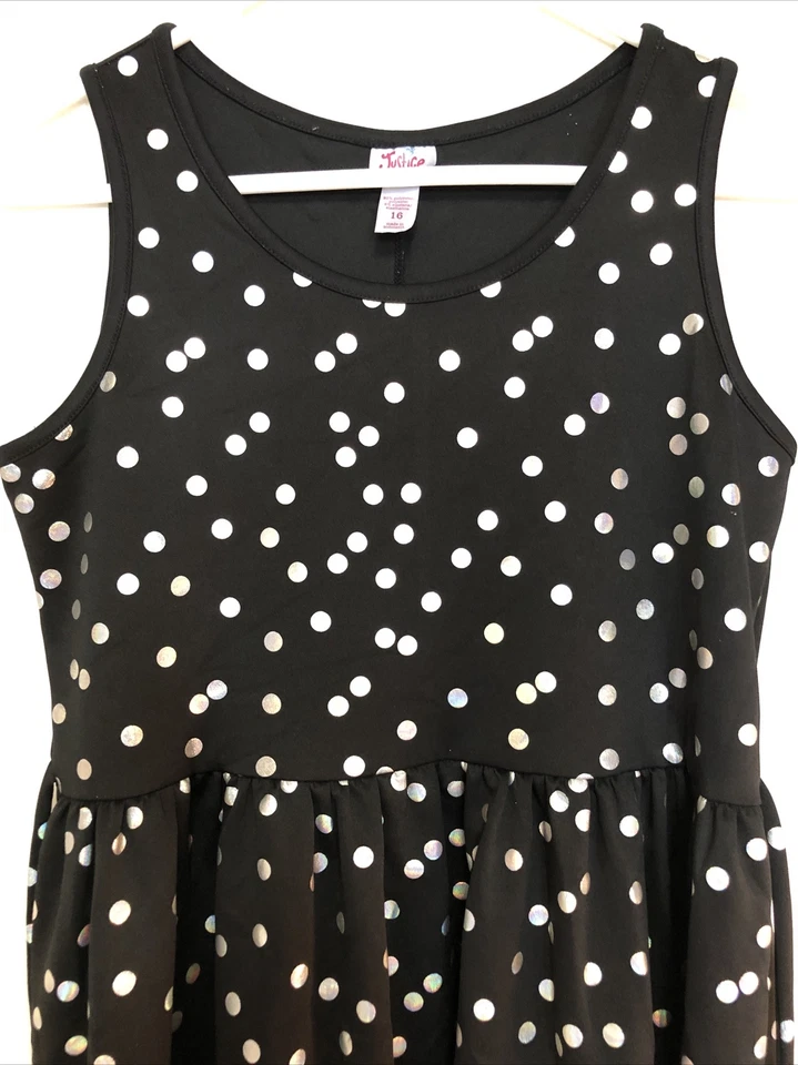 Vestido elegante de vacaciones Justice Girls talla 16 negro con lunares plateados Foto 2 de 4