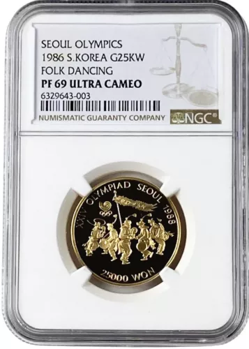 1986 South Korea 25,000 Won Seoul Olympics Folk Dancing Gold Coin NGC PF 69 UC