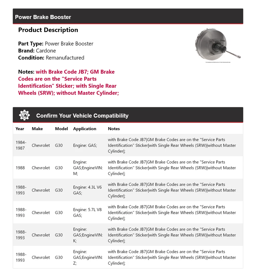 For 1984-1993 Chevrolet G30 Power Brake Booster Cardone 1985 1986 1987 1988 1989 - Image 2 of 4