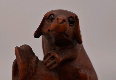 Carved Japanese Boxwood Dog Netsuke