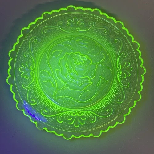 New ListingGreen uranium glass Glowing UV Single Saucer Depression Glass Open Rose Design