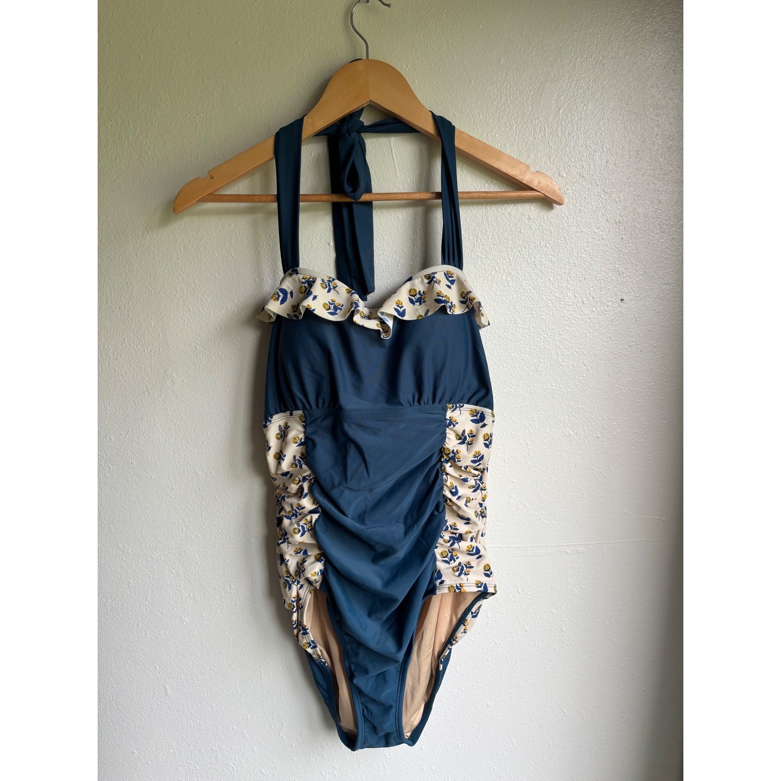 Matilda Jane Teal Blue Floral Ruffle Halter One Piece Swimsuit Women's Large