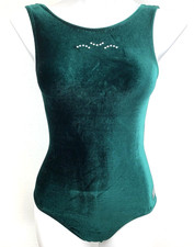 GK Leotard Gymnastics Size S Women's Dark Green Velour Sleeveless Rhinestones