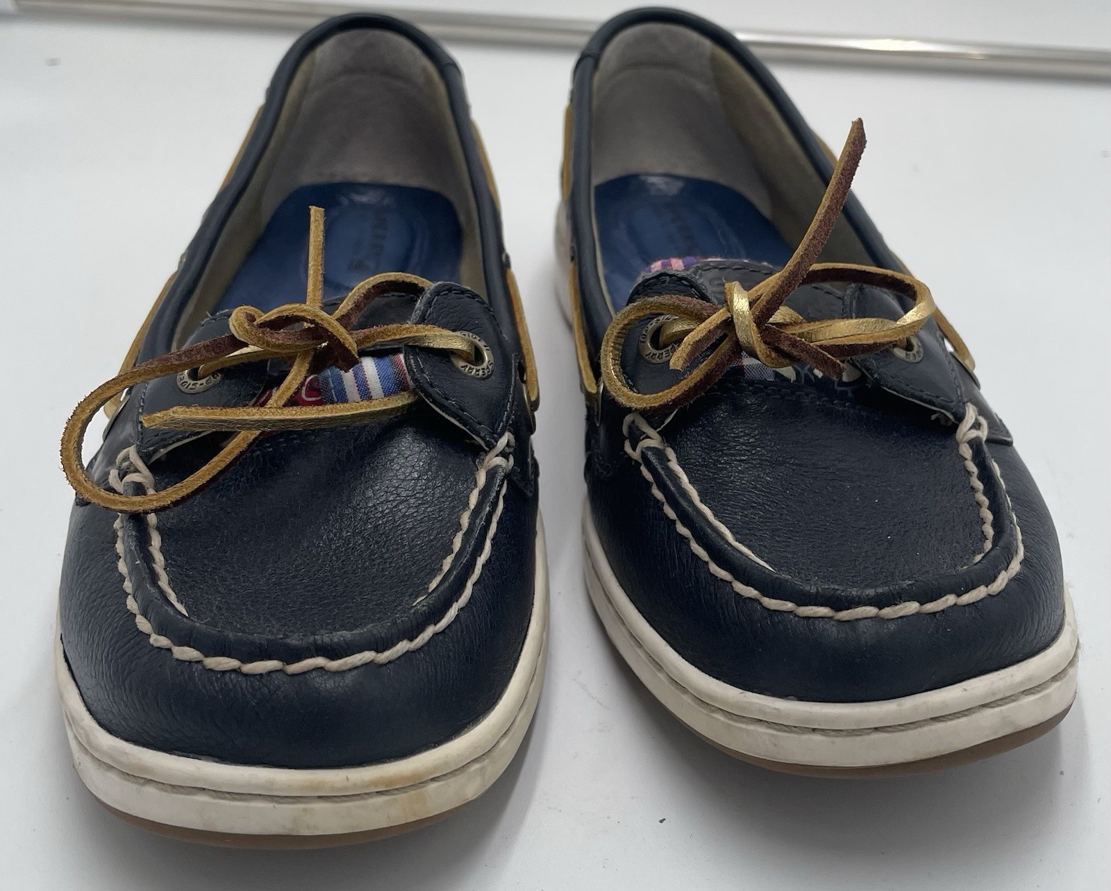 Sperry Top Sider Shoes Women's 7.5 M Navy Mixed Print Leather & Fabric Boat Shoe