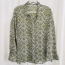 Zara Green Geometric Sheer Lightweight Flowy Soft Button Down Blouse - Size XL