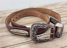 BRIGHTON 1994 Women's Brown Embossed Leather Belt Silver Buckle M 44408 Vintage