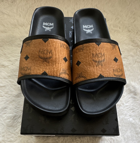 MCM Women’s Leather Logo Monogram Slide Sandals Brown/Black US 8.5
