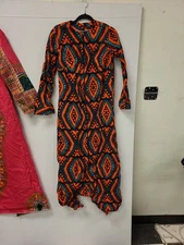 Womens Dress Orange Blue Patterned Long Sleeve Maxi Casual Size Unspecified