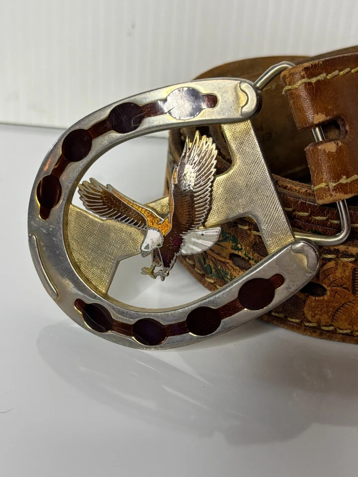 Cinturón de cuero bellota vintage pintado a mano años 70 águila hebilla de herradura 36 Foto 2 de 4