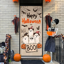 Happy Halloween Door Curtain Banner, Boo Witchy Ghost Pumpkin Bat Spider Web Doo