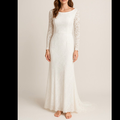 Long Sleeve Lace Wedding Dress Ivory Bridal Gown Floor Length Train NWT