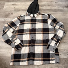 Hollister Plaid Hooded Button Up Shirt Mens Large Long Sleeve Black Plaid Ivory