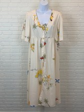 Novelty Beach Print Empire Waist Midi Dress Cream Short Sleeve