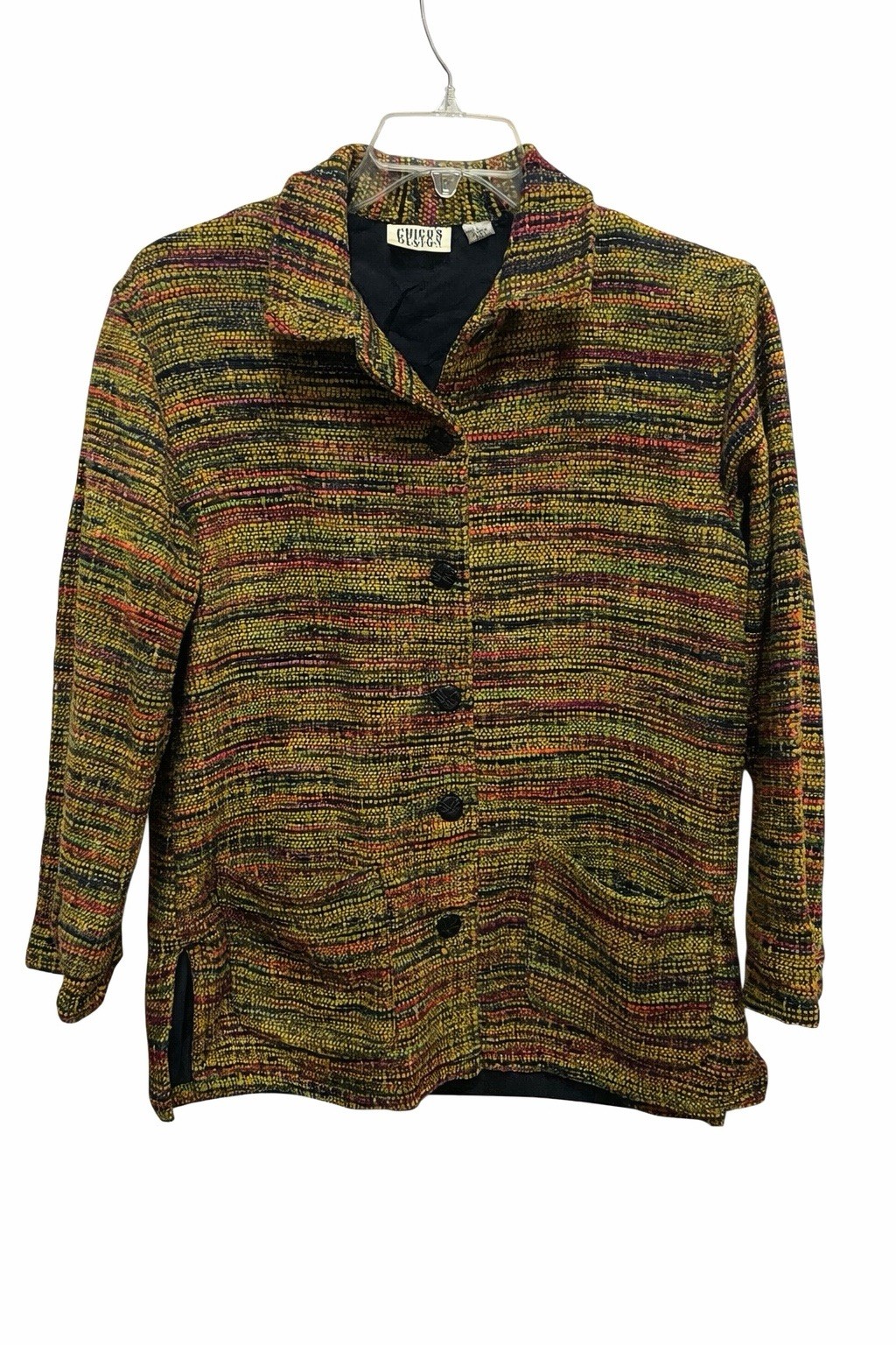 Chico's Design Boho Artsy Tweed Jacket Blazer Womens Size 1 M Front Silk Cotton
